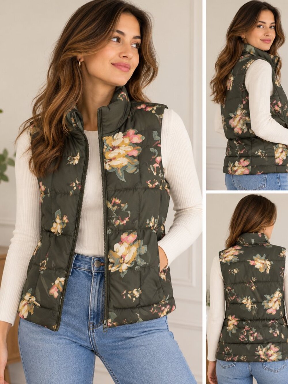 Lands' End Olive Green Floral Quilted Puffer Vest Size M
